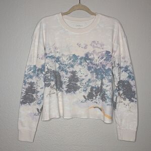 Anthropologie Cream Blue All Over Print Snow Day Mountain Cropped Waffle Top M